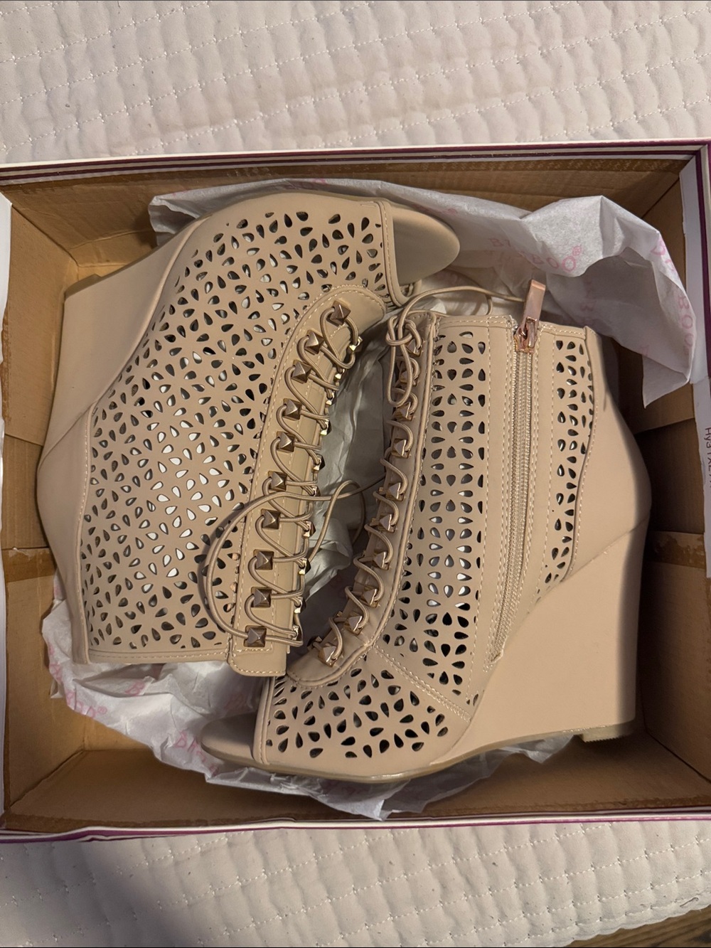 BAMBOO Nude Laser-Cut Lace-Up Wedge Sandals with Side Zip